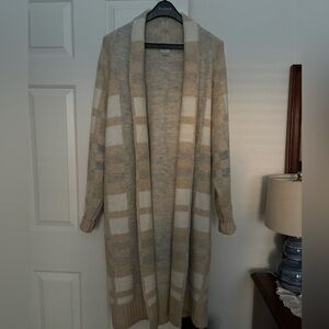 Women's Beige and White Long Cardigan Sweater /Coat